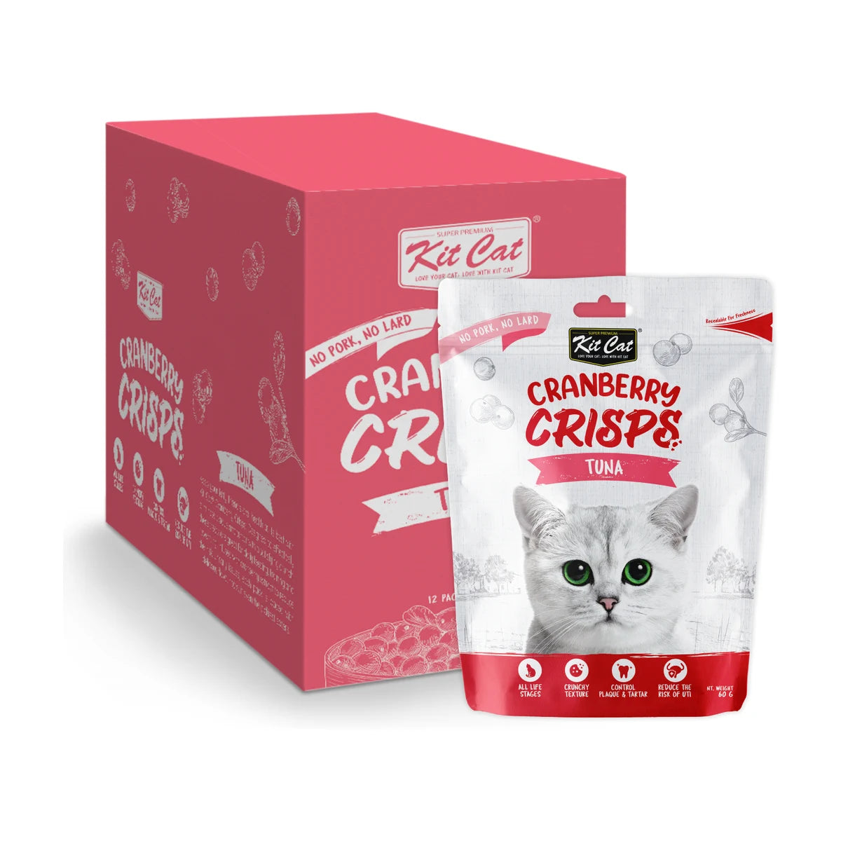 Kit Cat Cranberry Crisps Tuna Cat Treats 12 x 60g bulk pack showing pink display carton and individual 60g tuna-flavoured crunchy cat treat pouch with white kitten packaging.