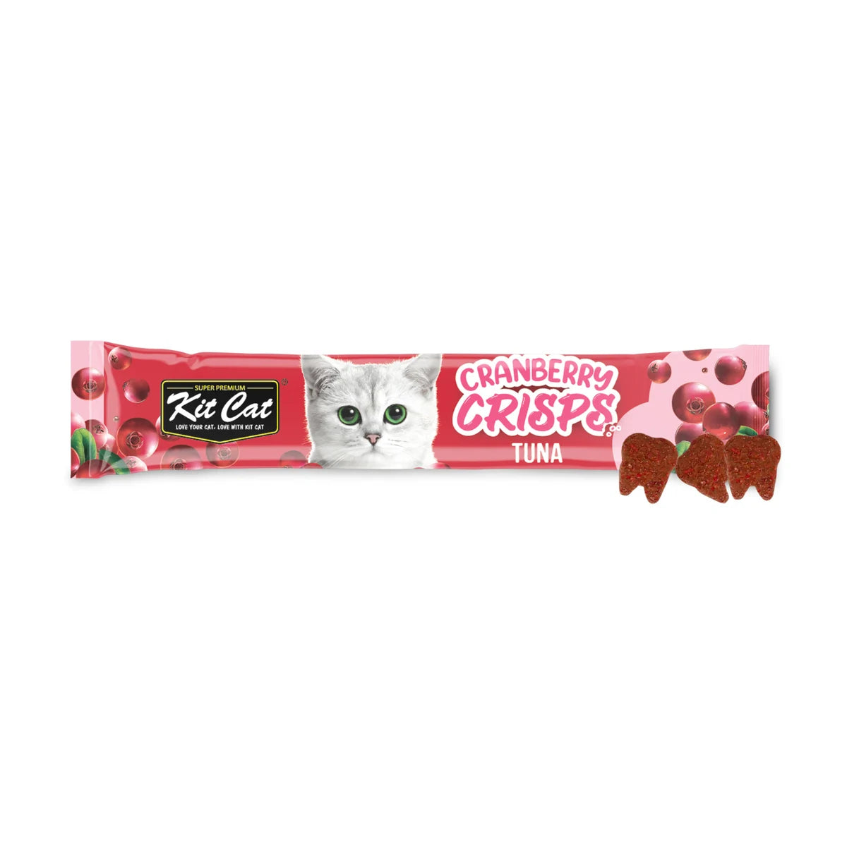 Kit Cat Cranberry Crisps Tuna 20g cat treat sachet displayed horizontally with three crunchy tooth-shaped treats on a white background.