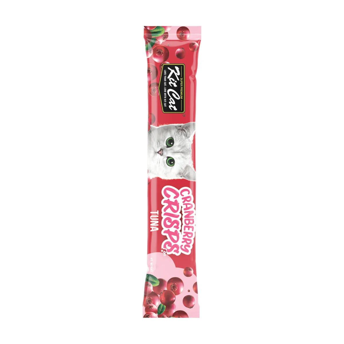 Individual Kit Cat Cranberry Crisps Tuna Cat Treats 20g sachet with red and pink packaging, cranberry illustrations and white kitten design.