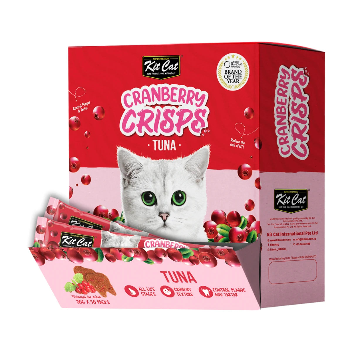Kit Cat Cranberry Crisps Tuna Cat Treats display box of 50 individual 20g sachets, featuring red and pink packaging with a white kitten and cranberry illustrations.