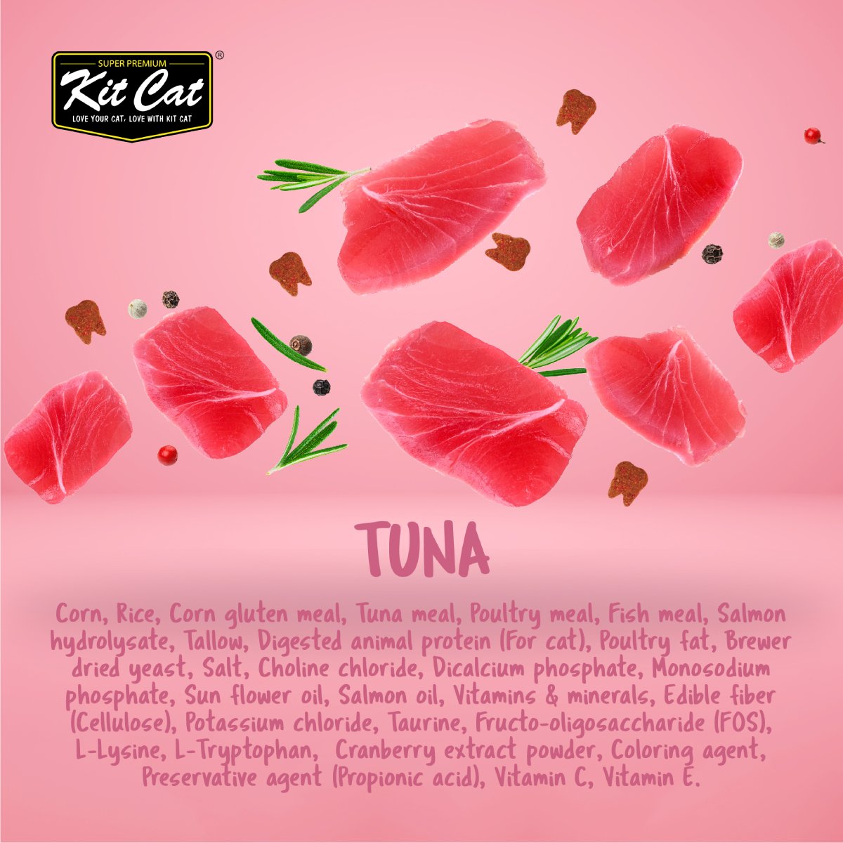 Kit Cat Cranberry Crisps Tuna ingredient infographic featuring tuna slices, tooth-shaped cat treats and the tuna flavour ingredient list on a pink background.