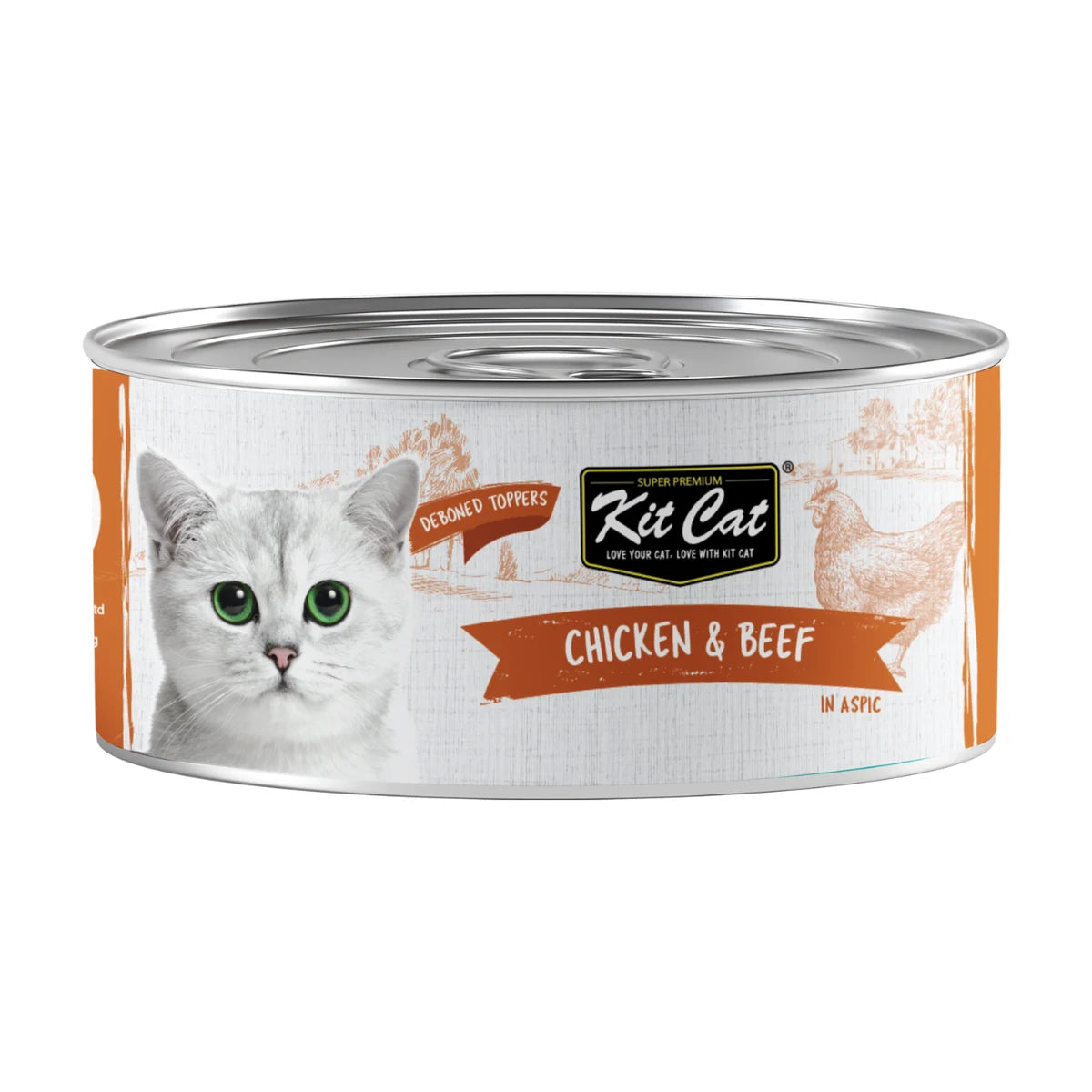 Front of Kit Cat Chicken & Beef Aspic 80g cat food topper can