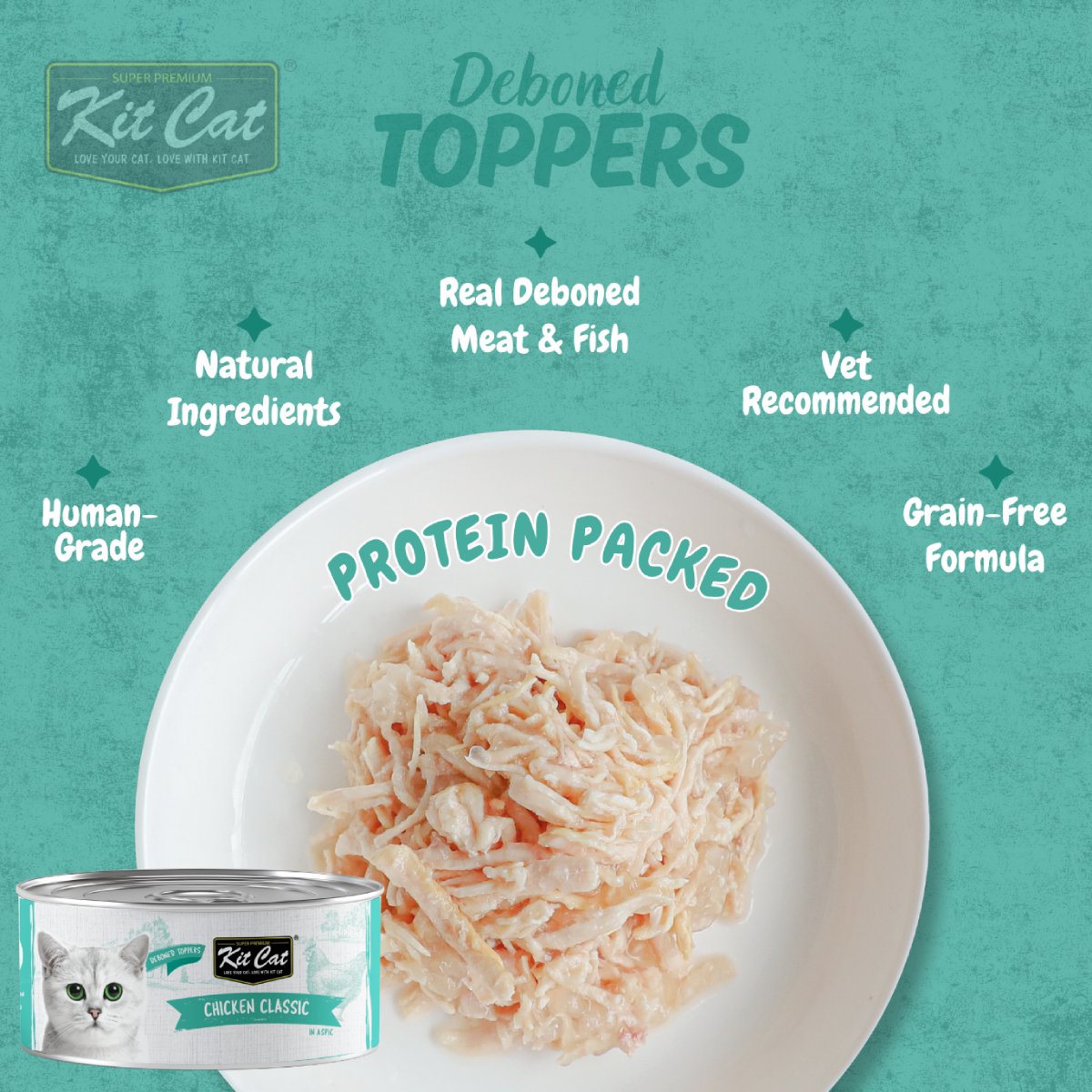 Kit Cat Deboned Chicken Classic Aspic 6 x 50g benefits showing deboned meat grain-free formula and natural ingredients