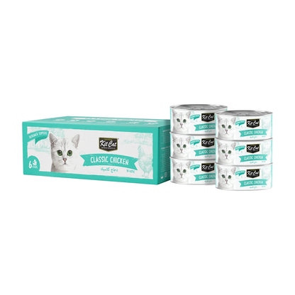 Kit Cat Deboned Chicken Classic Aspic cat food 6 x 50g multipack with box and six cans