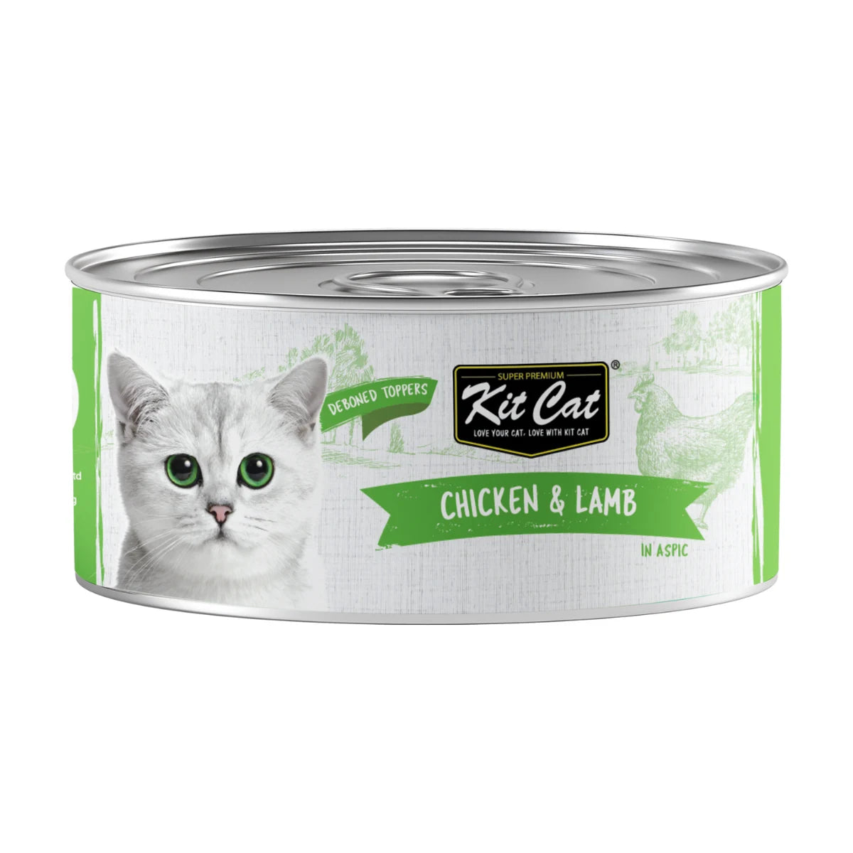 Front of Kit Cat Chicken & Lamb Aspic 80g cat food topper can
