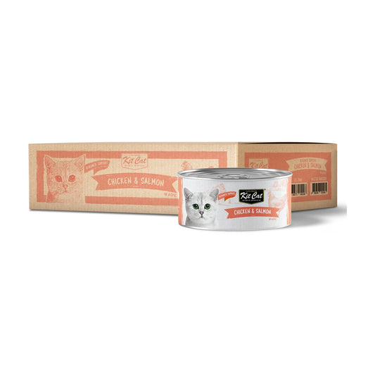 Kit Cat Deboned Chicken and Salmon Aspic carton with 24 80g wet cat food cans
