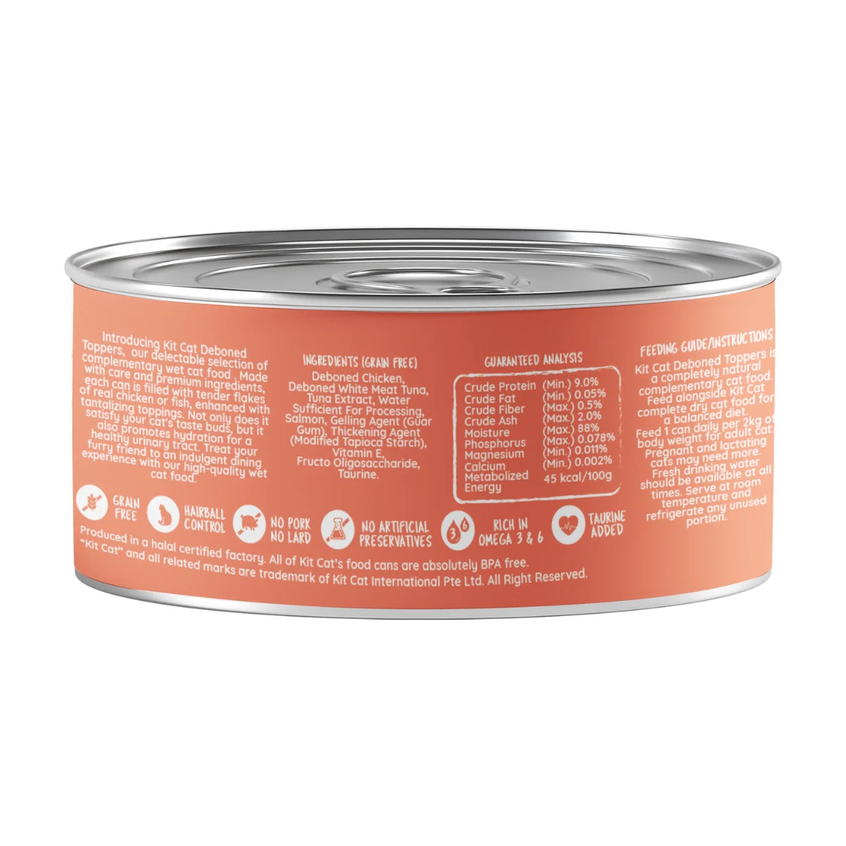 Kit Cat Chicken and Salmon Aspic back label with ingredients and guaranteed analysis