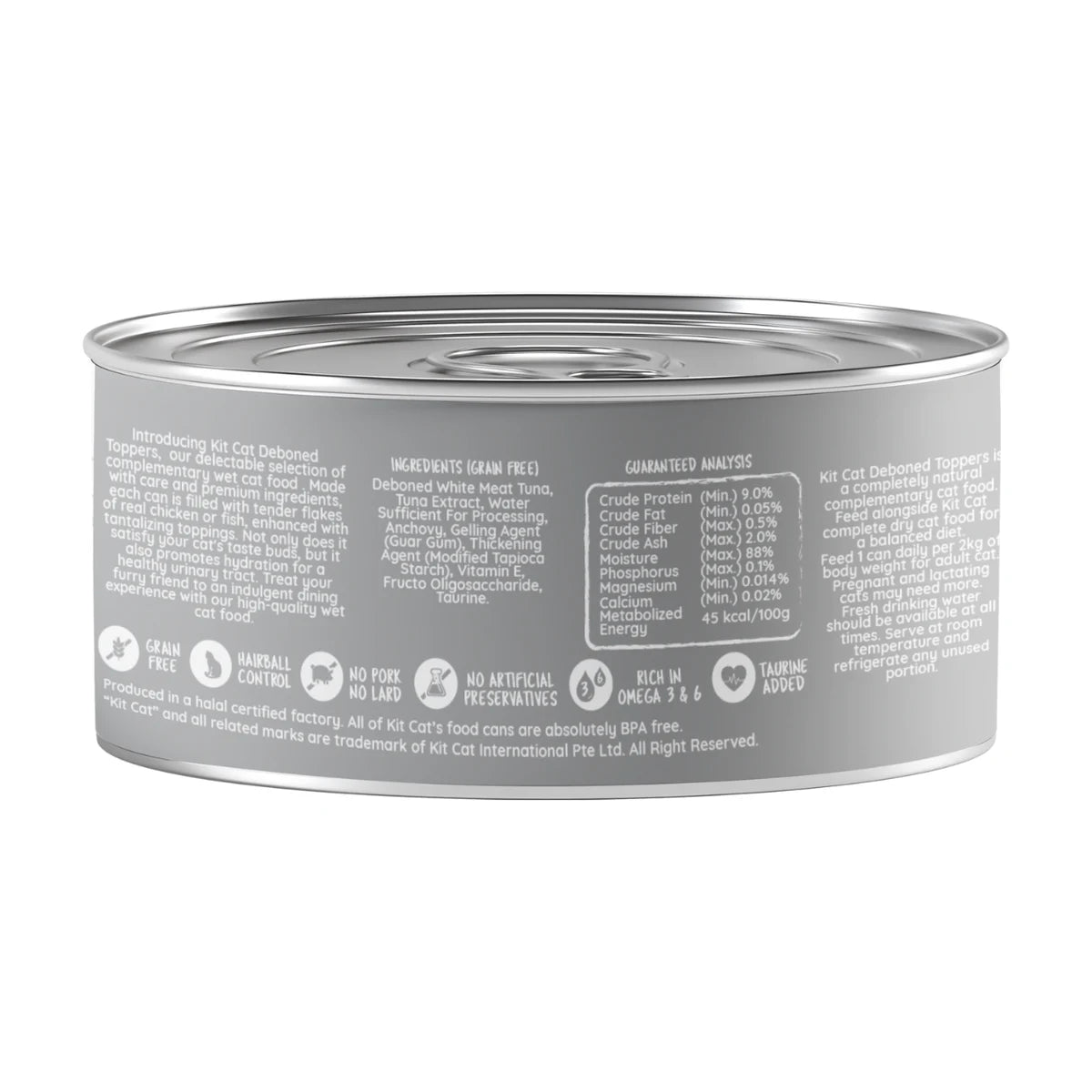 Back packaging of Kit Cat Deboned Tuna and Anchovy in Aspic wet cat food topper 80 g