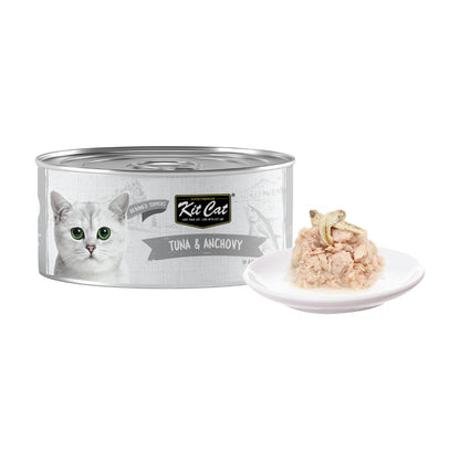 Kit Cat Deboned Tuna and Anchovy in Aspic 80 g can with wet cat food serving