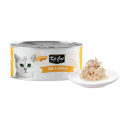 Kit Cat Deboned Tuna & Chicken Aspic 50g can with tuna and chicken wet cat food served on a plate