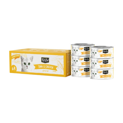 Kit Cat Deboned Tuna & Chicken Aspic 6 x 50g multipack with box and six wet cat food cans