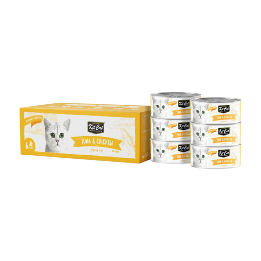 Kit Cat Deboned Tuna & Chicken Aspic 6 x 50g multipack with box and six wet cat food cans