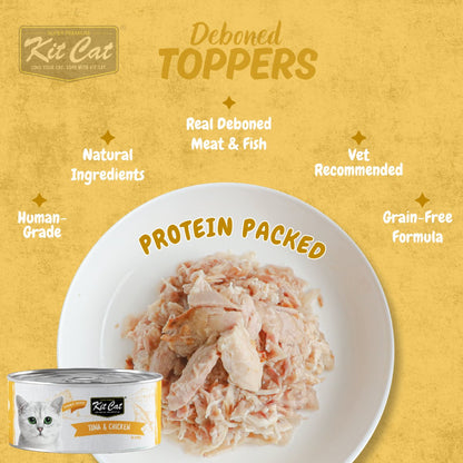 Kit Cat Deboned Tuna & Chicken Aspic grain-free protein-packed wet cat food benefits graphic