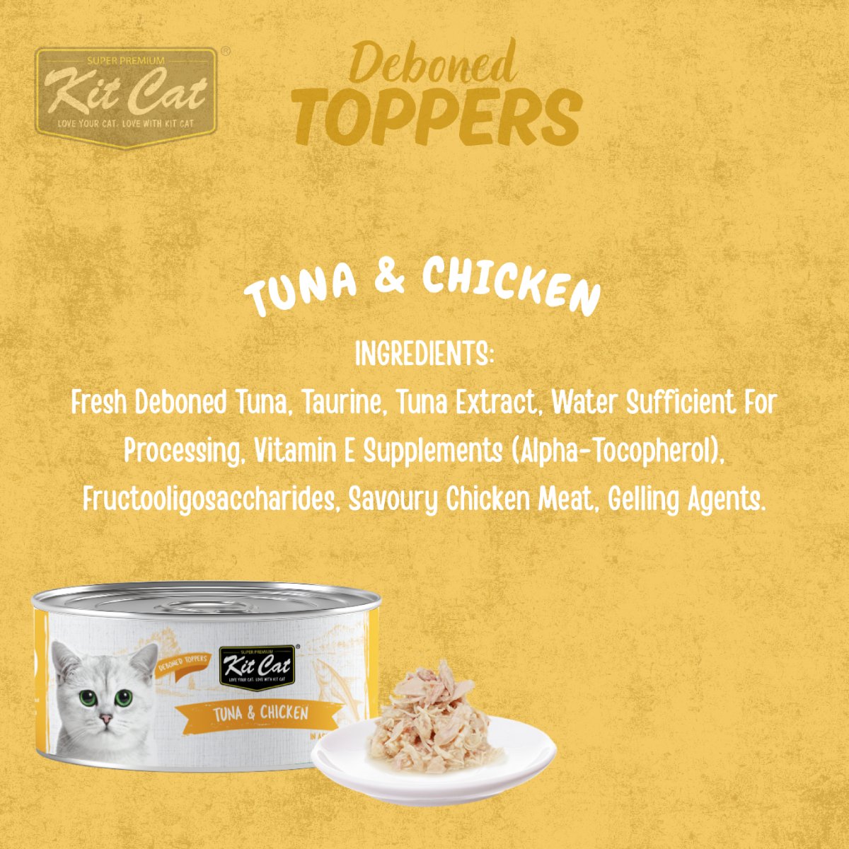 Kit Cat Deboned Tuna & Chicken Aspic ingredients graphic with tuna chicken and 50g can