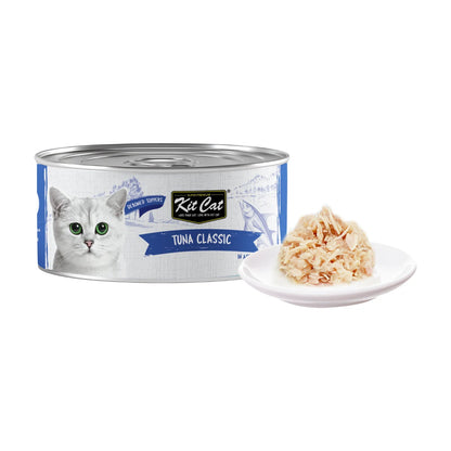 Kit Cat Deboned Tuna Classic Aspic 50g can with tuna wet cat food served on a plate