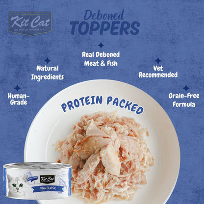 Kit Cat Deboned Tuna Classic Aspic benefits graphic showing grain-free protein-packed wet cat food