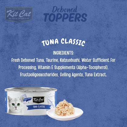 Kit Cat Deboned Tuna Classic Aspic ingredients graphic with tuna wet cat food and 50g can