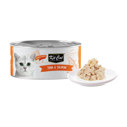 Kit Cat Deboned Tuna & Salmon Aspic 50g can with tuna and salmon wet cat food served on a plate