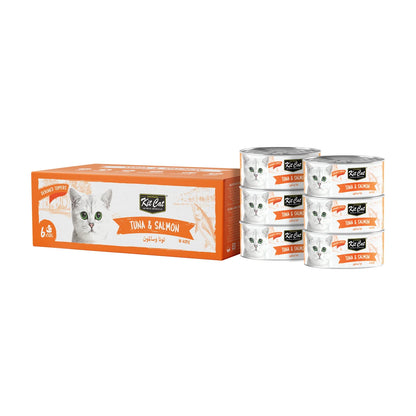 Kit Cat Deboned Tuna & Salmon Aspic 6 x 50g multipack with box and six wet cat food cans