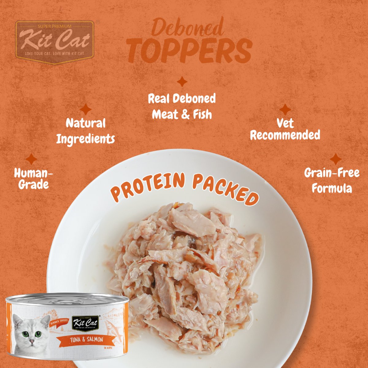Kit Cat Deboned Tuna & Salmon Aspic grain-free protein-packed wet cat food benefits graphic