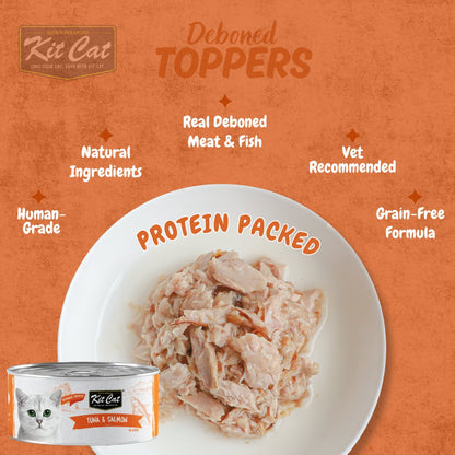 Kit Cat Deboned Tuna & Salmon Aspic grain-free protein-packed wet cat food benefits graphic
