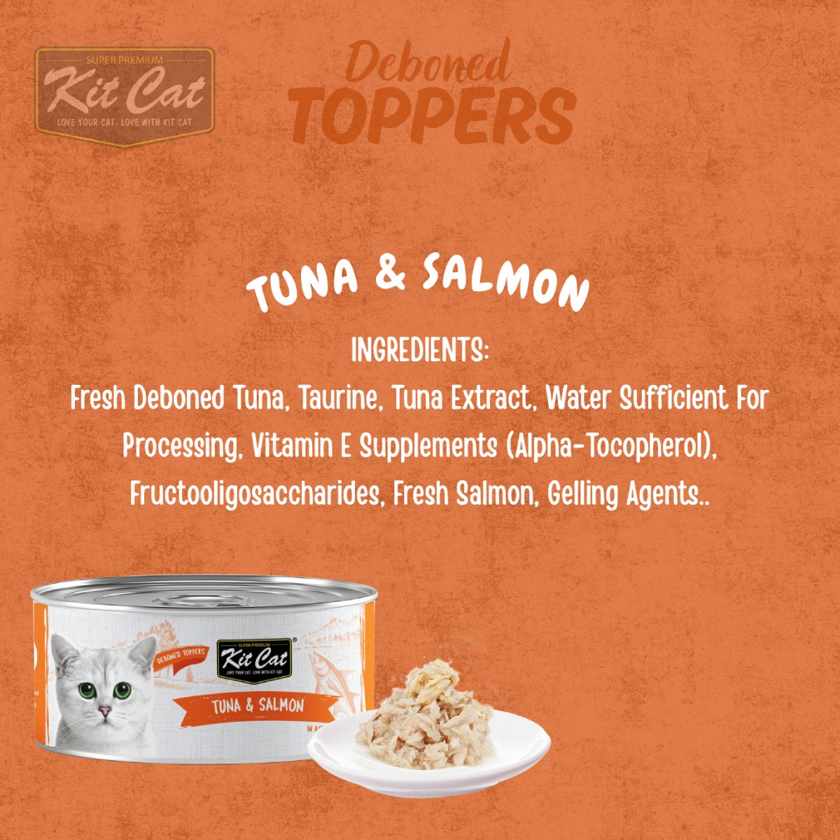 Kit Cat Deboned Tuna & Salmon Aspic ingredients graphic showing deboned tuna fresh salmon and 50g can