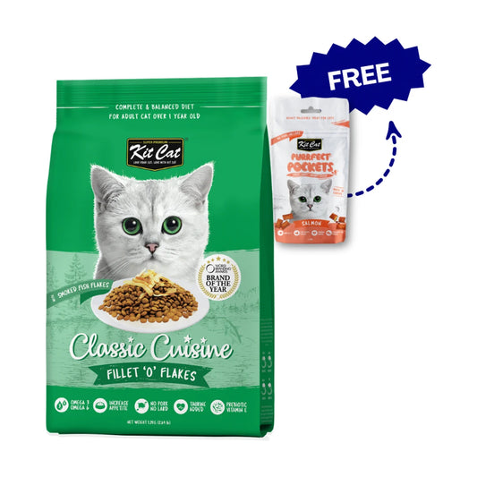 Kit Cat Classic Cuisine Fillet O' Flakes 1.2kg with free Kit Cat Purrfect Pockets Salmon 60g