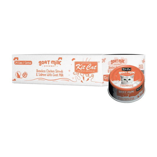 Kit Cat Boneless Chicken Shreds and Salmon with Goat Milk 24-can carton