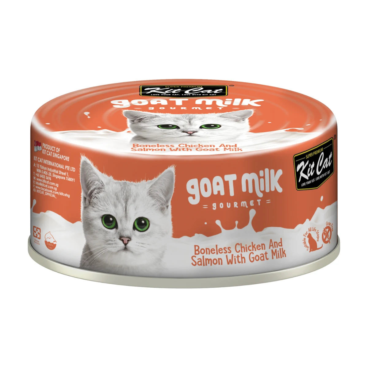 Kit Cat Boneless Chicken Shreds and Salmon with Goat Milk wet cat food can
