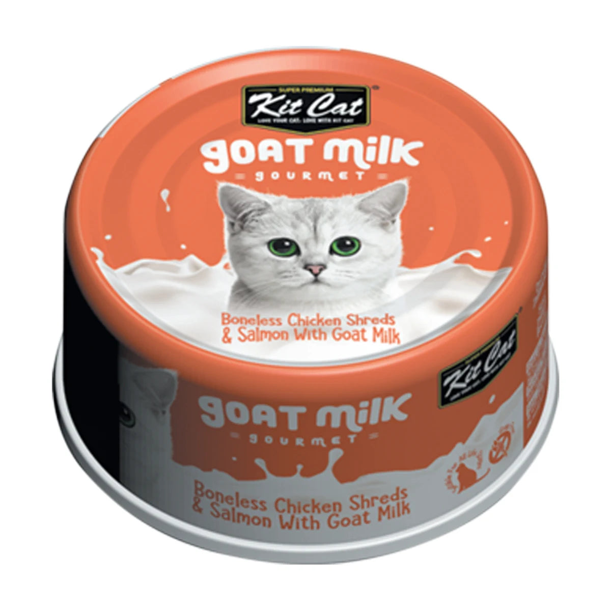 Kit Cat Goat Milk Gourmet chicken and salmon can viewed from above