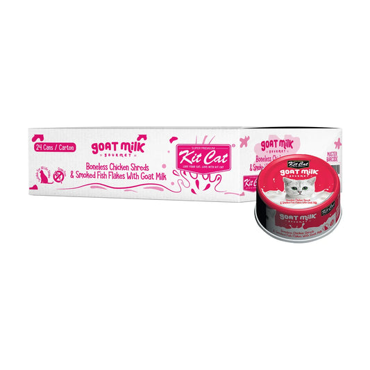 Kit Cat Goat Milk Gourmet Chicken and Smoked Fish carton with 24 70g cans
