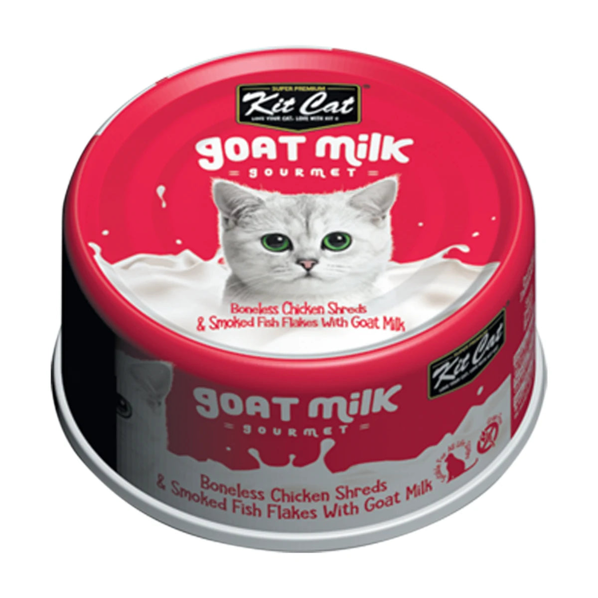 Angled view of Kit Cat Goat Milk Gourmet Chicken and Smoked Fish 70g can
