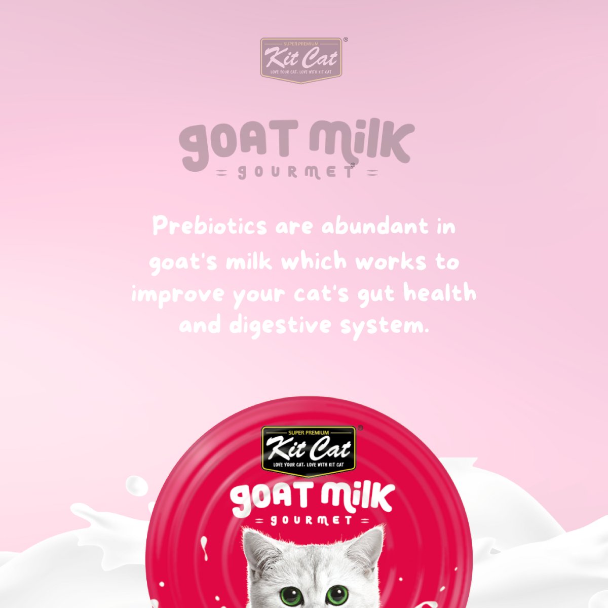 Kit Cat Goat Milk Gourmet Chicken and Smoked Fish goat milk and prebiotics information