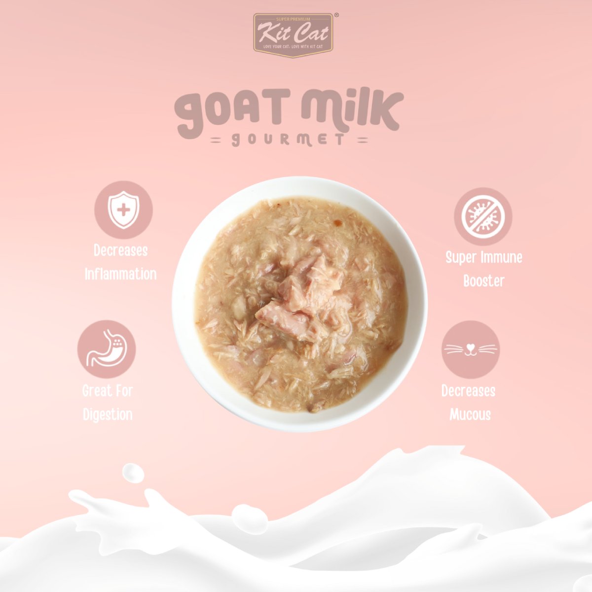Kit Cat Goat Milk Gourmet tuna and salmon wet cat food benefits graphic