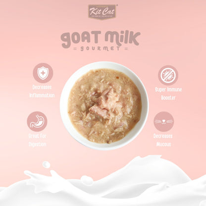 Kit Cat Goat Milk Gourmet tuna and salmon wet cat food benefits graphic