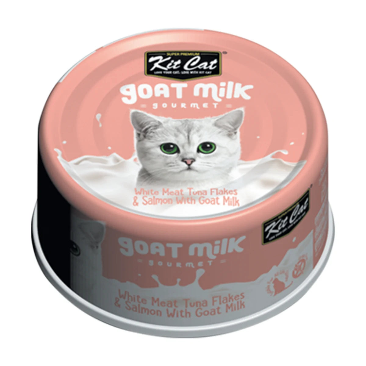 Kit Cat Goat Milk Gourmet white meat tuna and salmon wet cat food angled can