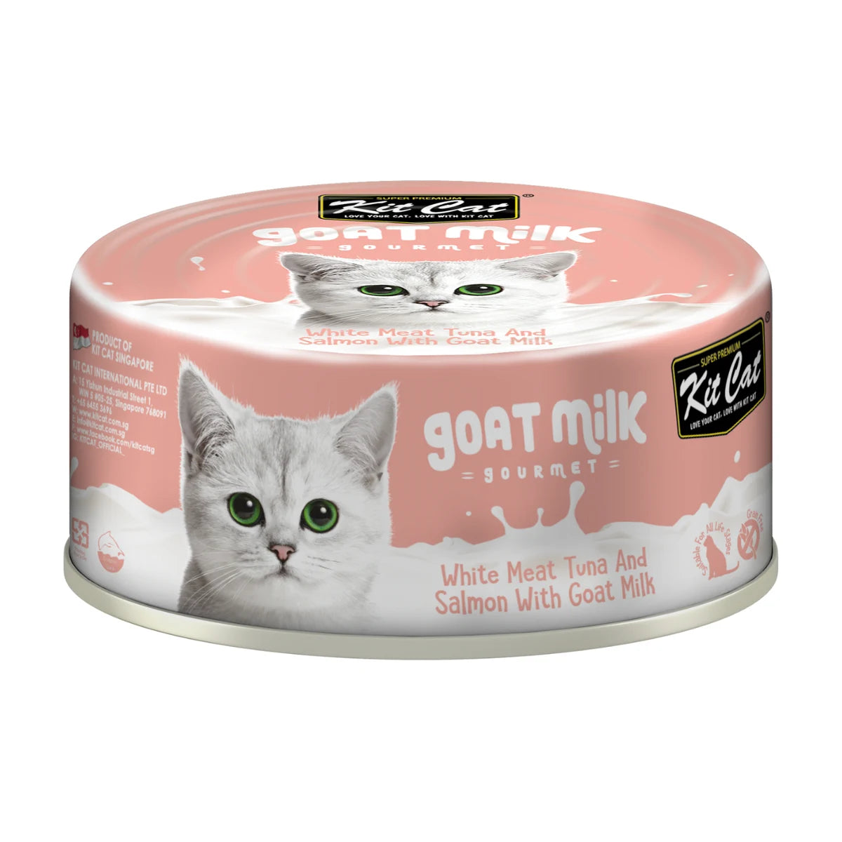 Kit Cat Goat Milk Gourmet white meat tuna flakes and salmon wet cat food can