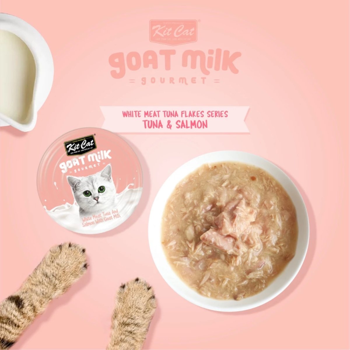 Kit Cat Goat Milk Gourmet tuna and salmon wet cat food serving