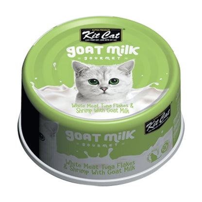 Angled view of Kit Cat Goat Milk Gourmet White Meat Tuna Flakes & Shrimp 80g can showing green lid, branding and tuna and shrimp flavour.