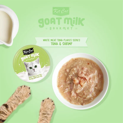 Kit Cat Goat Milk Gourmet Tuna and Shrimp wet cat food can beside a bowl showing the food texture