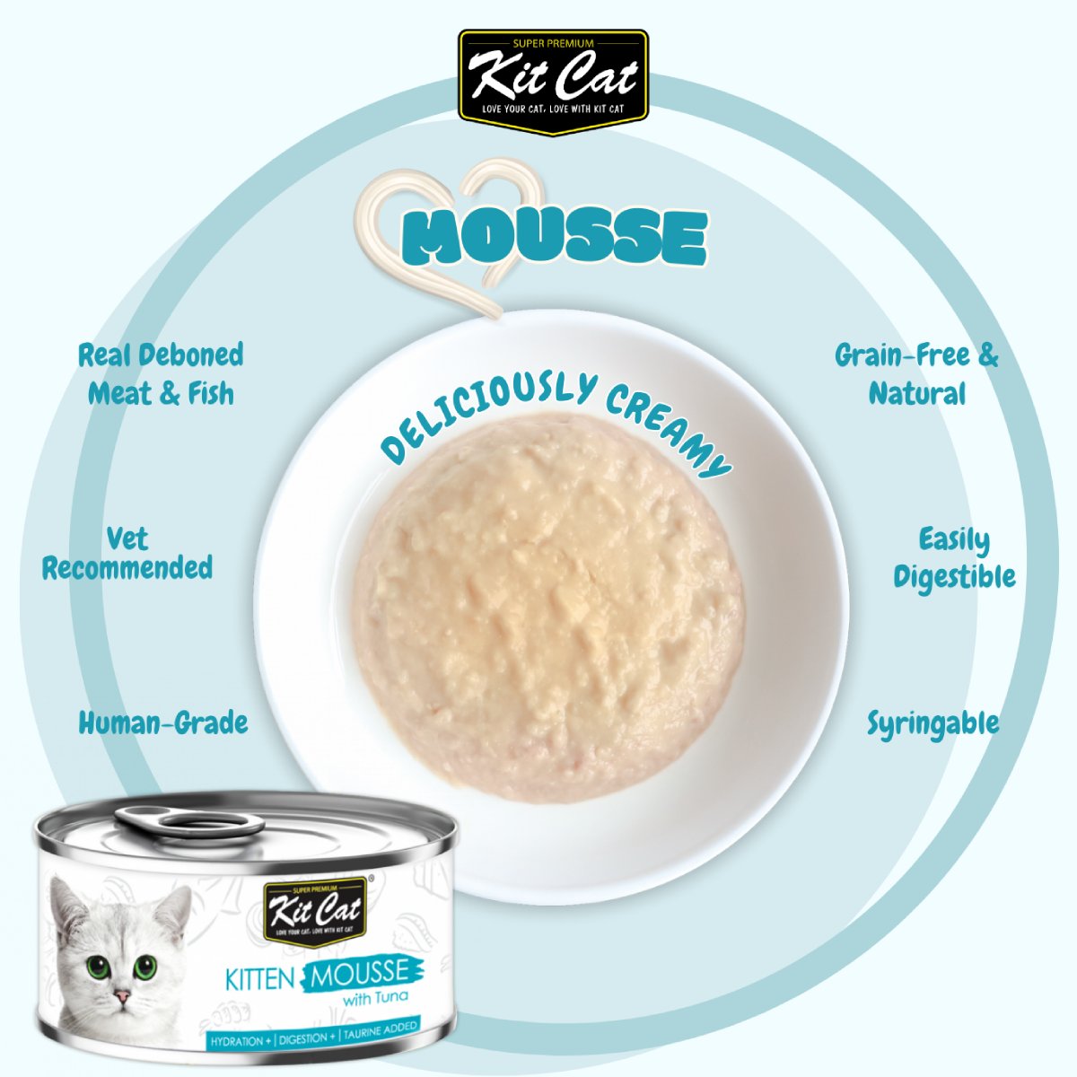 Kit Cat Kitten Mousse with Tuna product benefits and mousse texture