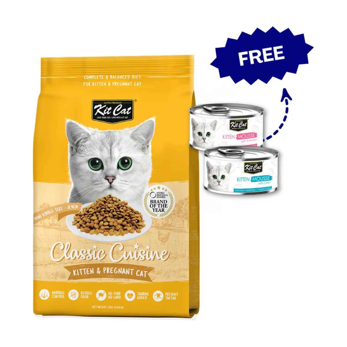 Kit Cat Kitten and Pregnant Cat Food 1.2kg with free Chicken and Tuna Kitten Mousse 80g cans