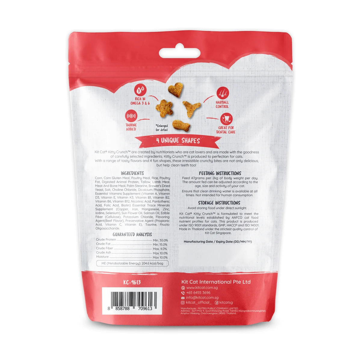 Back of Kit Cat Kitty Crunch Beef 60g pouch showing ingredients, feeding information and guaranteed analysis