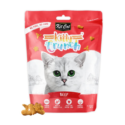 Front of Kit Cat Kitty Crunch Beef 60g pouch with crunchy cat treats displayed beside it