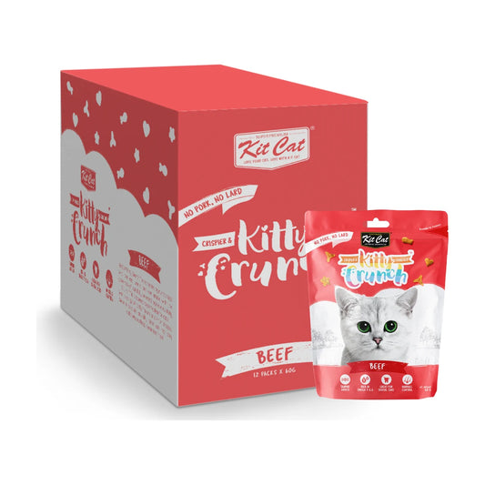 Kit Cat Kitty Crunch Beef carton with one 60g cat treat pouch, showing a pack of 12 pouches