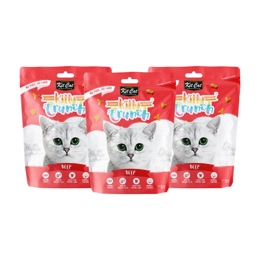 Three 60g pouches of Kit Cat Kitty Crunch Beef crunchy cat treats