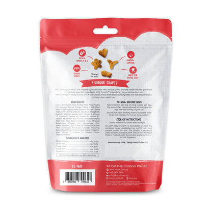 Back of Kit Cat Kitty Crunch Beef 60g cat treat pouch showing ingredients, analysis and product information