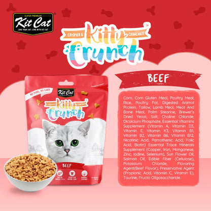 Kit Cat Kitty Crunch Beef cat treat pouch with bowl of treats and beef-flavour ingredient information