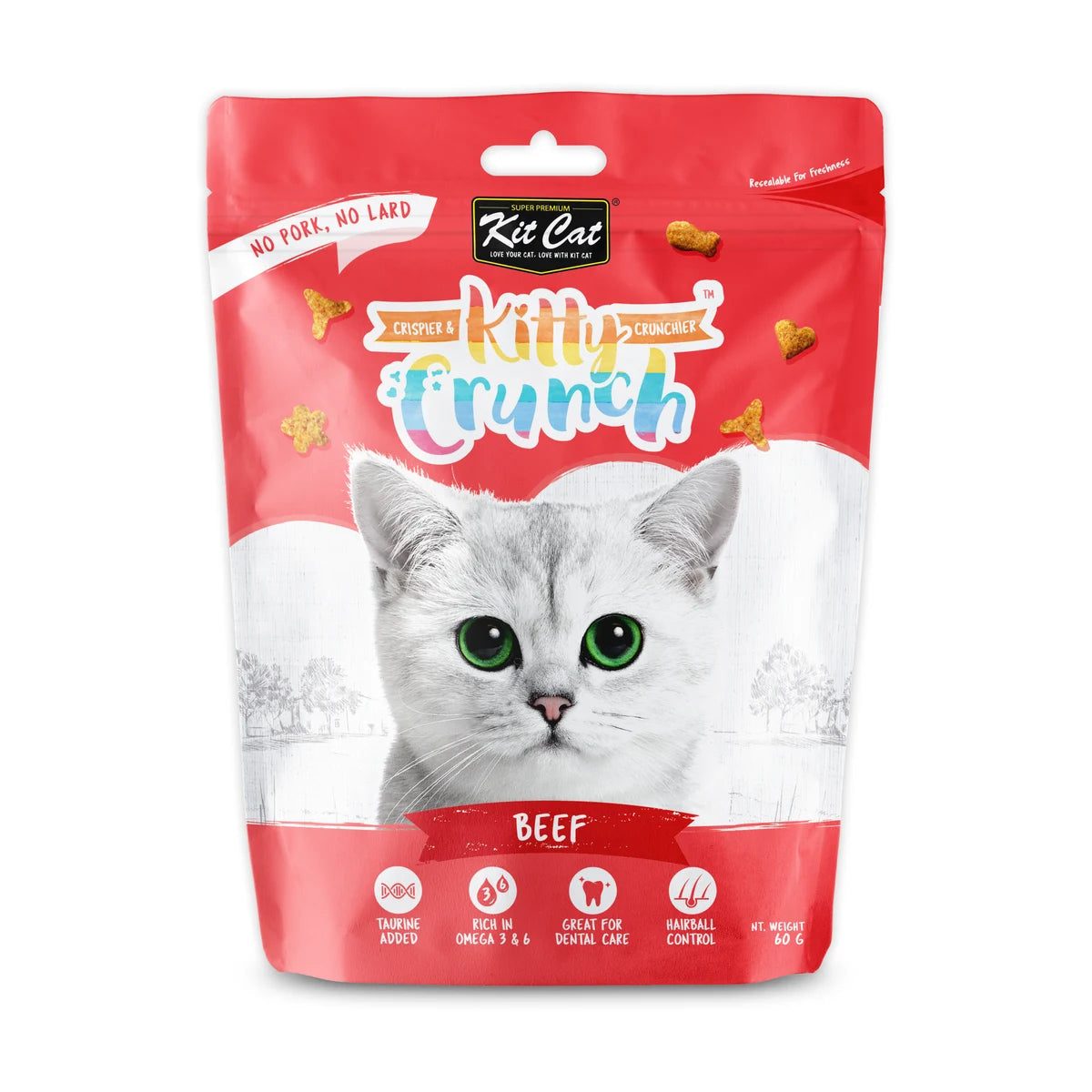 Front view of Kit Cat Kitty Crunch Beef Cat Treats single 60g resealable pouch