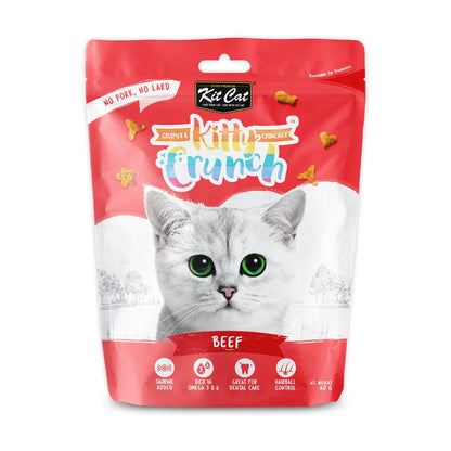 Front view of Kit Cat Kitty Crunch Beef Cat Treats single 60g resealable pouch